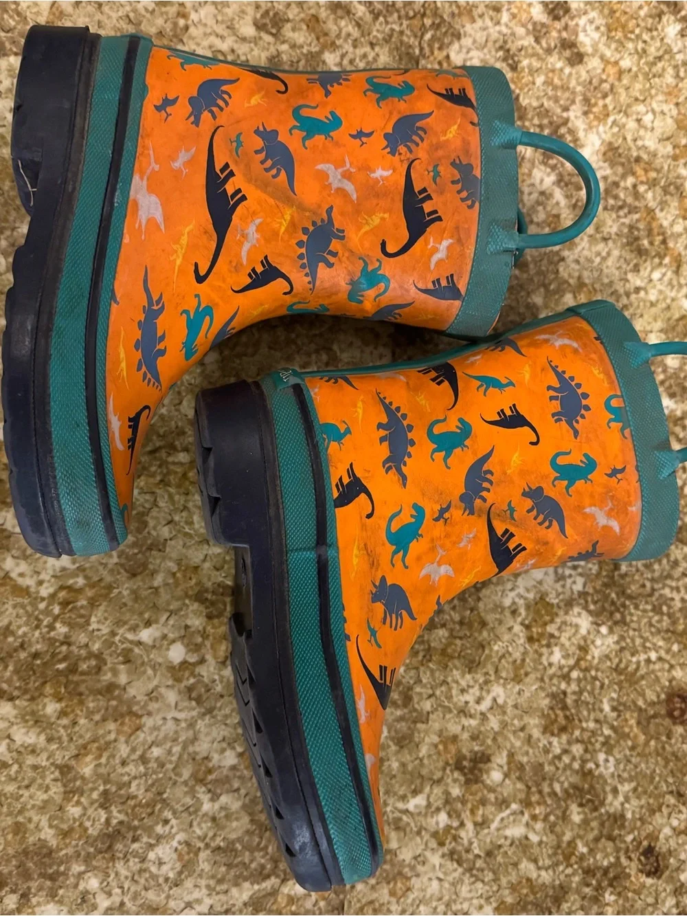 Kids Orange Dinosaur Rain Boots with Teal Trim
